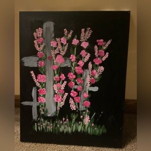 Original artwork black back with 3 crosses and pink flowers 🌸